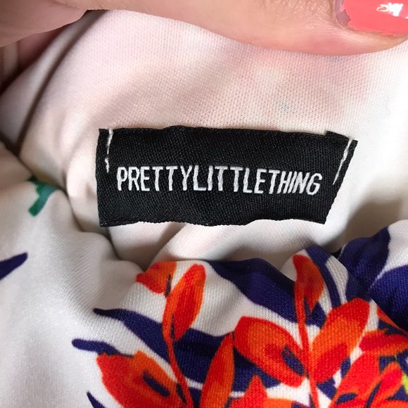 PrettyLittleThing White w/ Floral Bardot Printed Dress - Picture 5 of 14